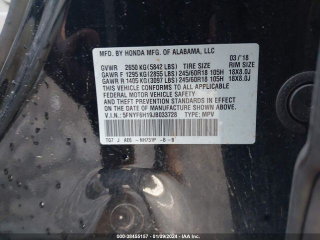 5FNYF6H19JB033728 Honda PILOT LX