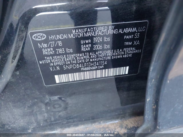2018 HYUNDAI ELANTRA SEL VIN: 5NPD84LF1JH341154