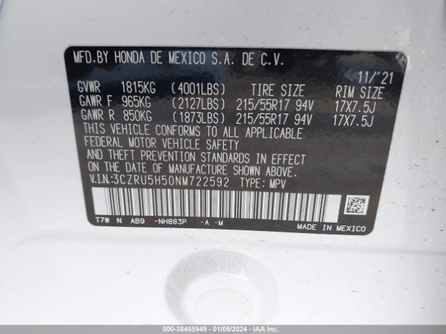 3CZRU5H50NM722592 Honda Hr-v 2wd Ex