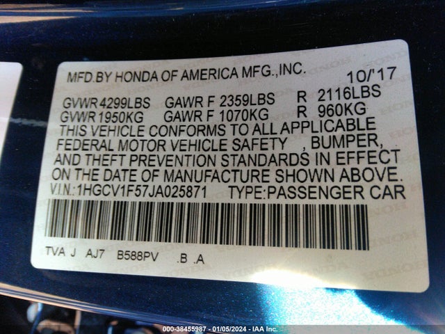 Honda Accord Ex-l 2018 1HGCV1F57JA025871 Image 9