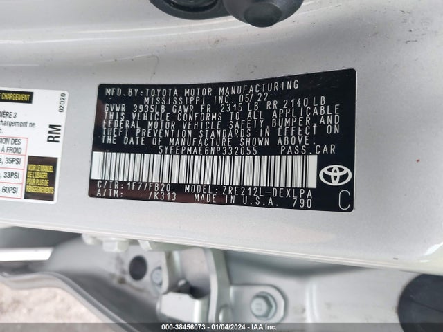 2022 TOYOTA COROLLA LE VIN: 5YFEPMAE6NP332055