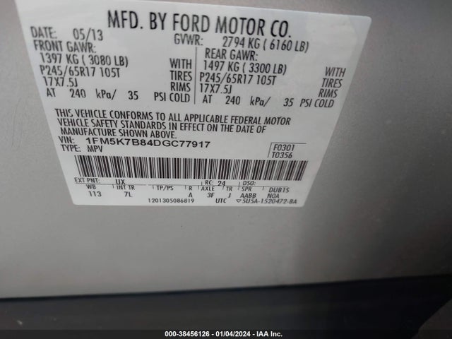 2013 FORD EXPLORER VIN: 1FM5K7B84DGC77917