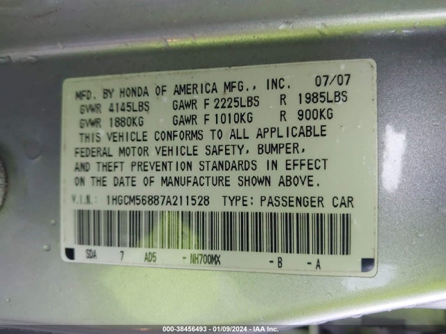 2007 HONDA ACCORD 2.4 EX VIN: 1HGCM56887A211528