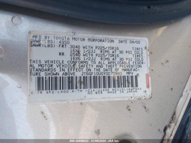 2000 LEXUS RX 300 VIN: JT6GF10U0Y0070980