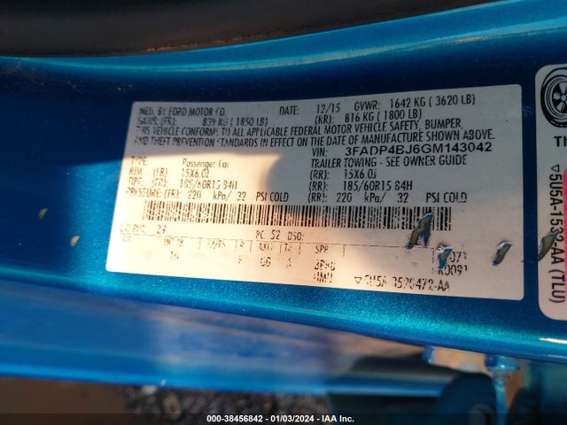 2016 FORD FIESTA SE VIN: 3FADP4BJ5GM123042