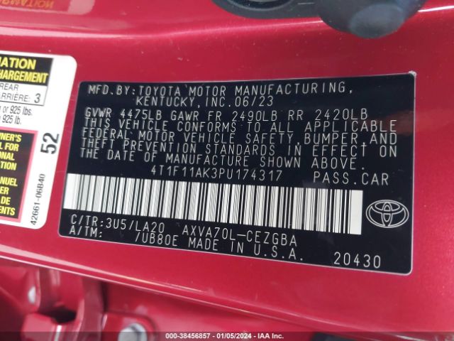 4T1F11AK3PU174317 Toyota CAMRY XLE