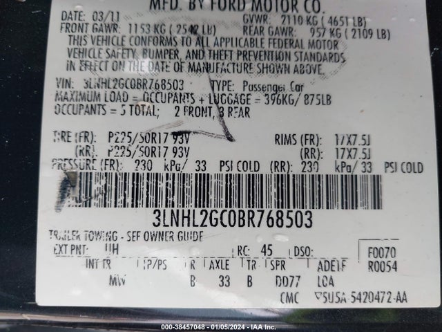 2011 LINCOLN MKZ VIN: 3LNHL2GC0BR768503