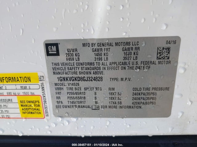 Chevrolet Traverse 1lt 2016 1GNKVGKD8GJ324828 Image 9
