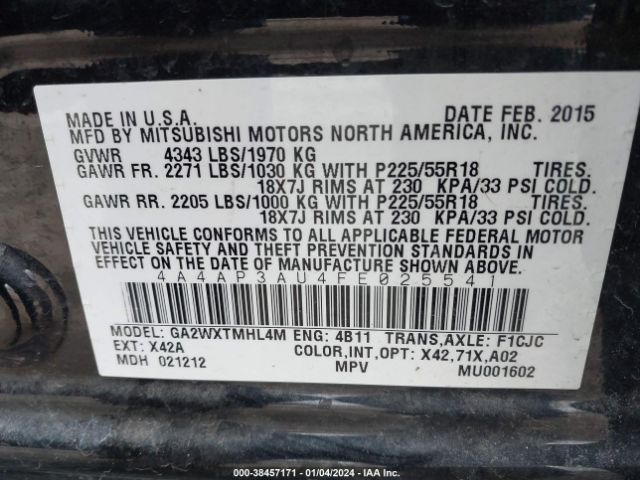 4A4AP3AU4FE025541 Mitsubishi Outlander Sport Es