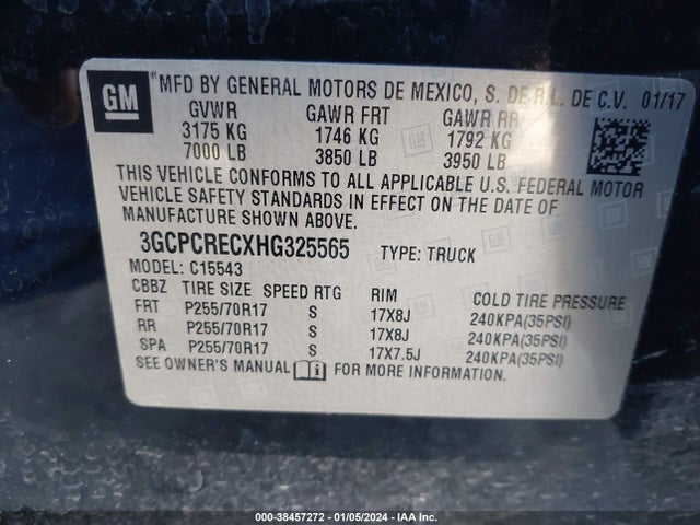 2017 CHEVROLET SILVERADO 1500 1LT VIN: 3GCPCRECXHG325565