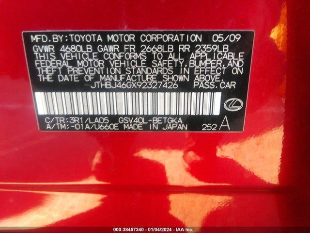 2009 LEXUS ES 350 VIN: JTHBJ46GX92327426