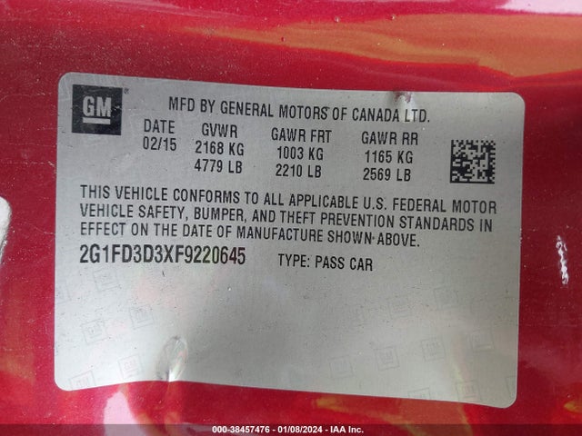 Chevrolet Camaro 1lt 2015 2G1FD3D3XF9220645 Image 9