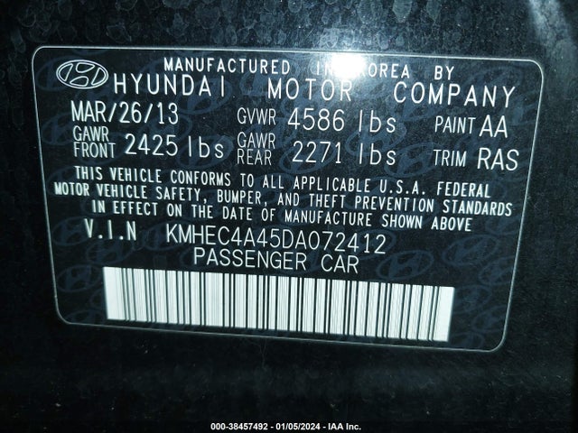 2013 HYUNDAI SONATA HYBRID LIMITED VIN: KMHEC4A45DA072412