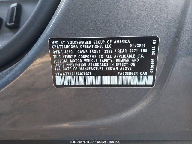 Volkswagen Passat 1.8t Wolfsburg Edition 2014 1VWAT7A31EC070378 Image 9