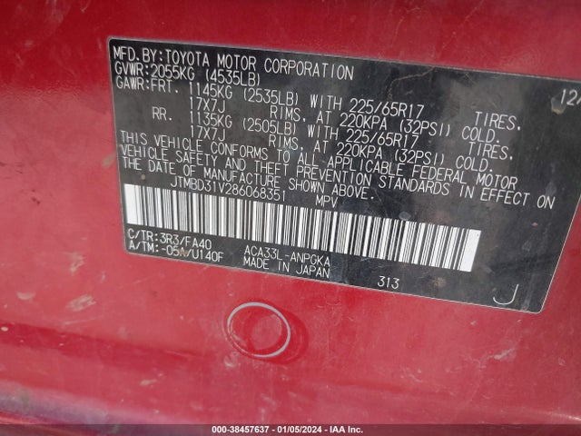 2008 TOYOTA RAV4 LIMITED VIN: JTMBD31V286068351