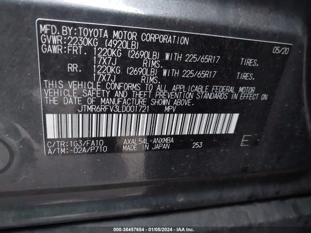 Продаж на аукціоні авто 2020 Toyota Rav4 Xle Hybrid, vin: JTMR6RFV3LD001721, номер лоту: 38457654