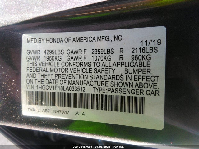Honda ACCORD LX 2020 1HGCV1F18LA033512 Image 9