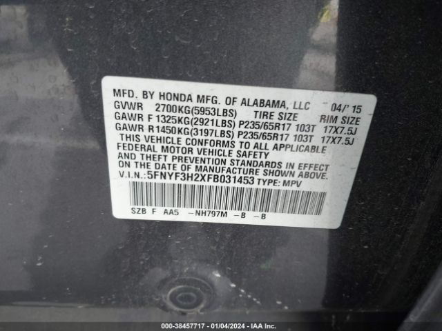 5FNYF3H2XFB031453 Honda PILOT LX