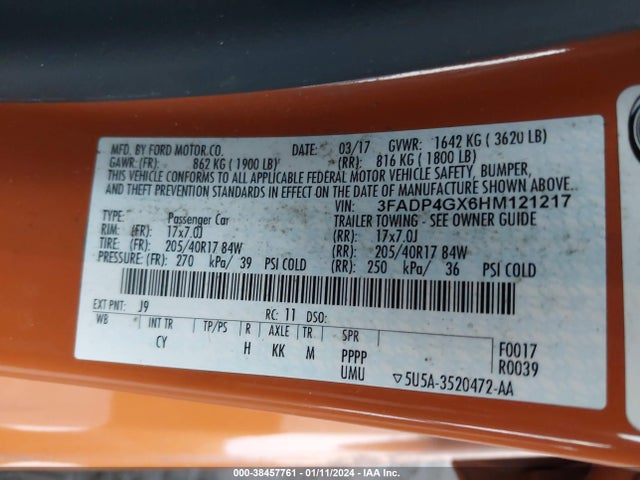 2017 FORD FIESTA ST VIN: 3FADP4GX6HM121217