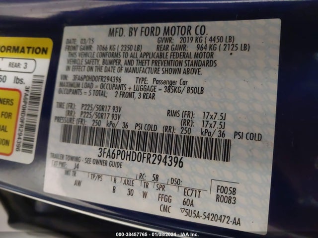 Ford FUSION SE 2015 3FA6P0HD0FR294396 Image 9