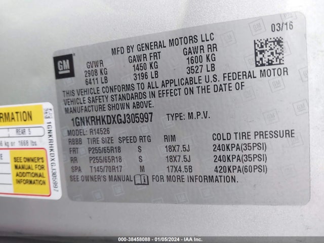 Chevrolet Traverse 2lt 2016 1GNKRHKDXGJ305997 Image 9