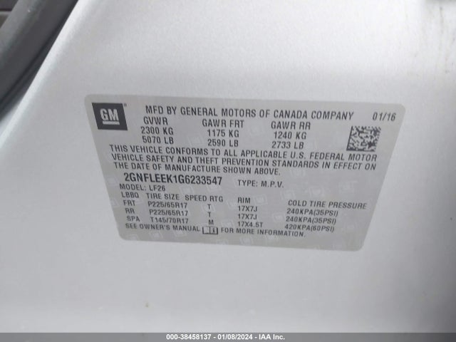 Chevrolet EQUINOX LS 2016 2GNFLEEK1G6233547 Image 9