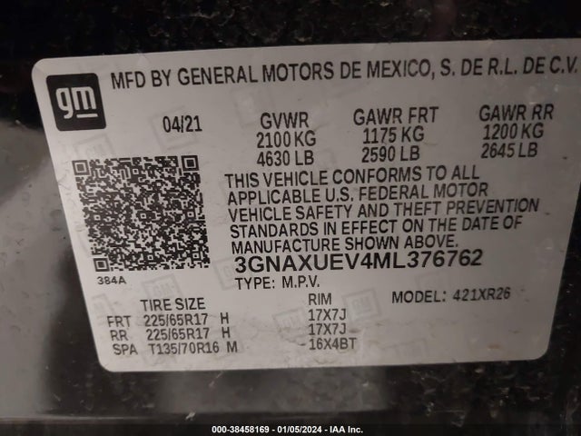 2021 CHEVROLET EQUINOX AWD LT VIN: 3GNAXUEV4ML376762