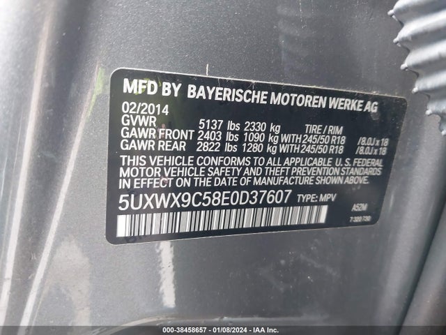 BMW X3 Xdrive28i 2014 5UXWX9C58E0D37607 Image 9