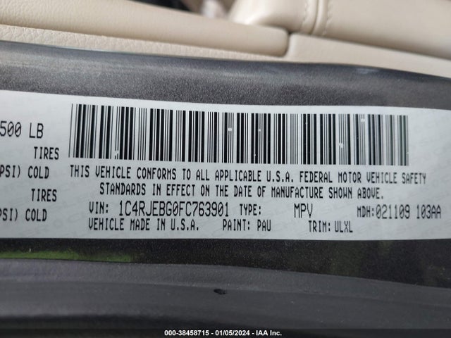 2015 JEEP GRAND CHEROKEE LIMITED VIN: 1C4RJEBG0FC763901