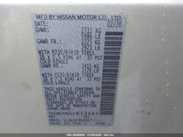5N1DR2CM2LC613141 Nissan Pathfinder Sl 4wd