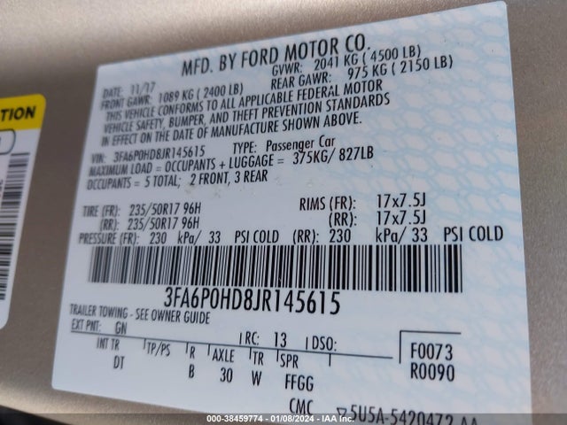 Ford FUSION SE 2018 3FA6P0HD8JR145615 Image 9