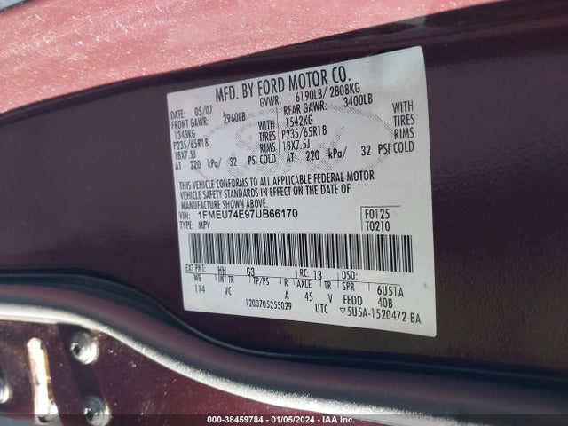 2007 FORD EXPLORER EDDIE BAUER VIN: 1FMEU74E97UB66170