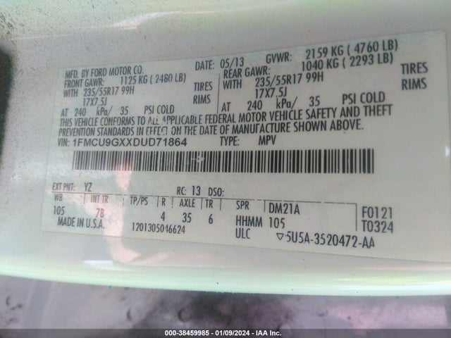 2013 FORD ESCAPE SE VIN: 1FMCU9GXXDUD71864