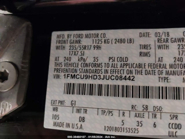 1FMCU9HD3JUC08442 Ford ESCAPE SEL