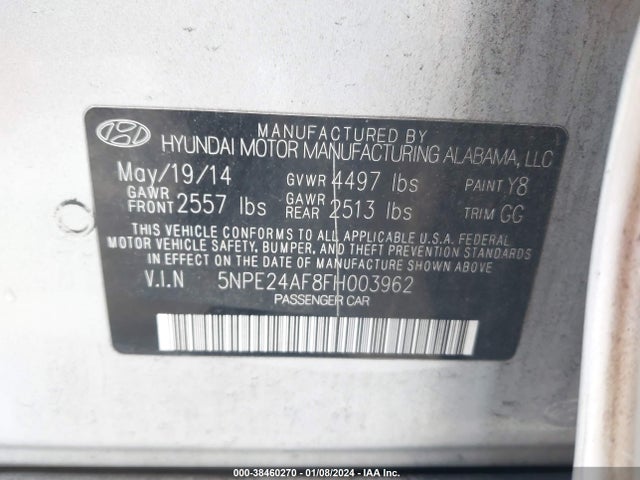 2015 HYUNDAI SONATA SE VIN: 5NPE24AF8FH003962