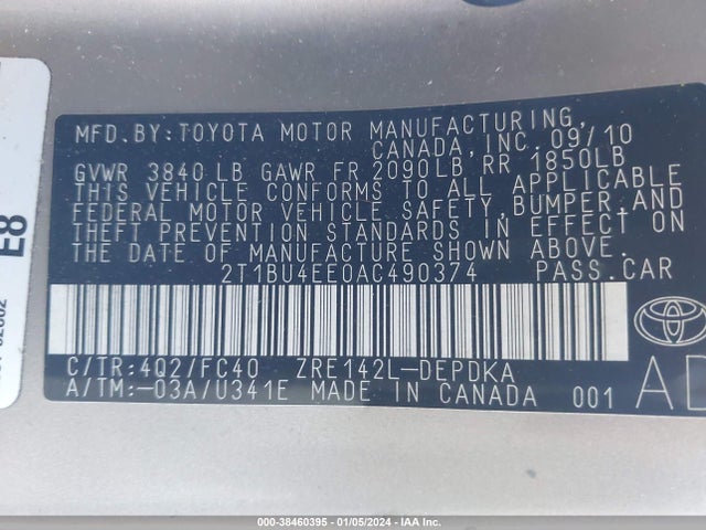 2010 TOYOTA COROLLA LE VIN: 2T1BU4EE0AC490374
