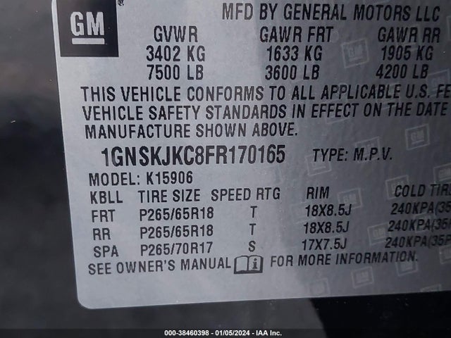 Chevrolet Suburban 1500 Lt 2015 1GNSKJKC8FR170165 Image 9