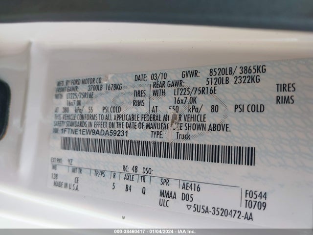 2010 FORD E-150 COMMERCIAL/RECREATIONAL VIN: 1FTNE1EW9ADA59231