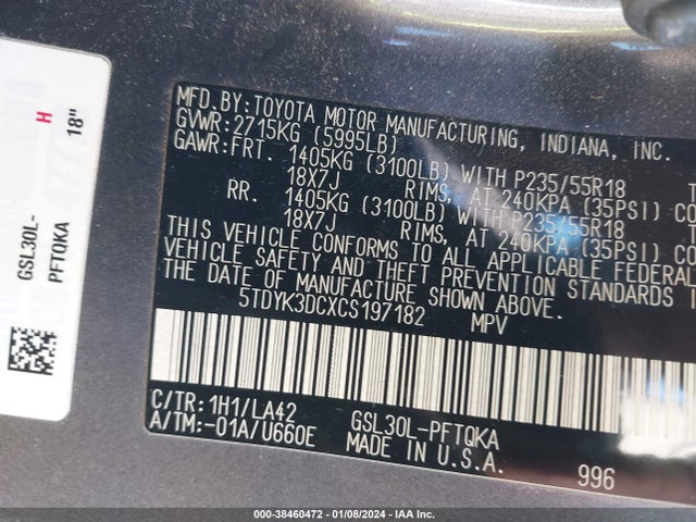 2012 TOYOTA SIENNA LIMITED V6 7 PASSENGER VIN: 5TDYK3DCXCS197182