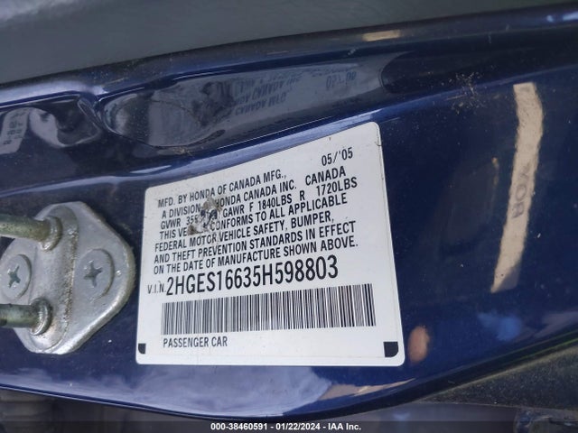 2005 HONDA CIVIC LX VIN: 2HGES16635H598803