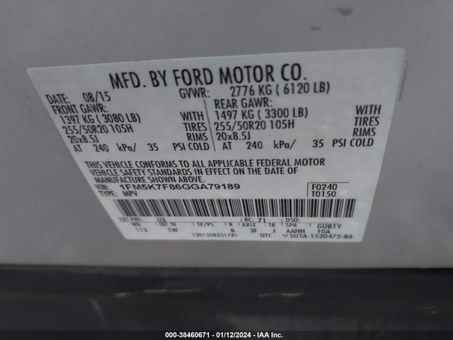 2016 FORD EXPLORER LIMITED VIN: 1FM5K7F86GGA79189
