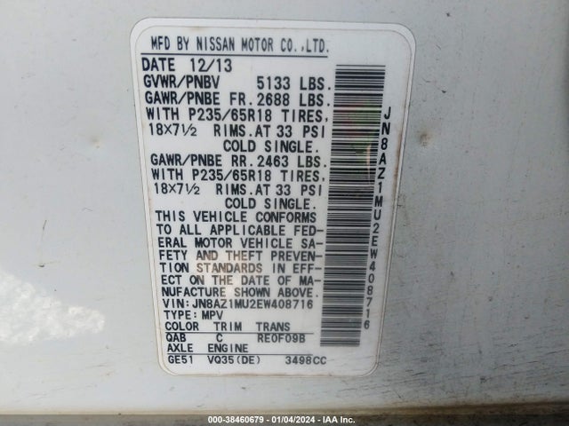 2014 NISSAN MURANO LE/S/SL/SV VIN: JN8AZ1MU2EW408716