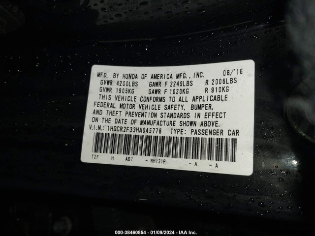 2017 HONDA ACCORD LX VIN: 1HGCR2F33HA045778