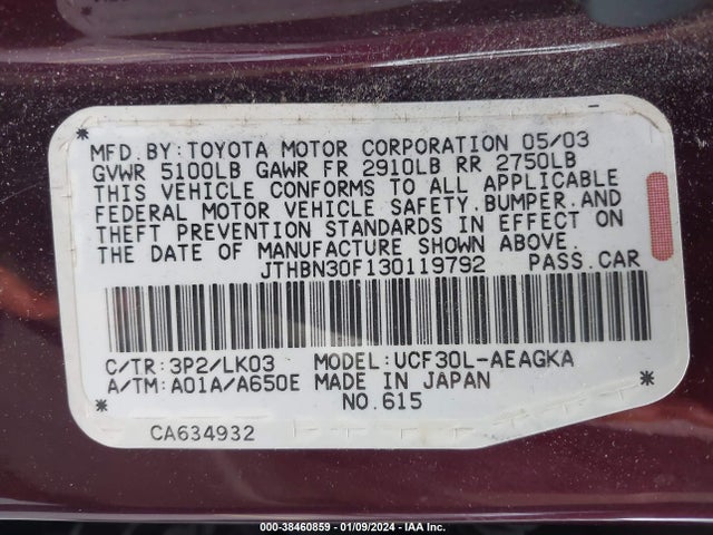 2003 LEXUS LS 430 VIN: JTHBN30F130119792