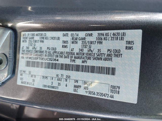 2014 FORD ESCAPE S VIN: 1FMCU0F70EUC52364