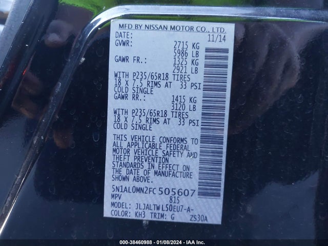 2015 INFINITI QX60 VIN: 5N1AL0MN2FC505607