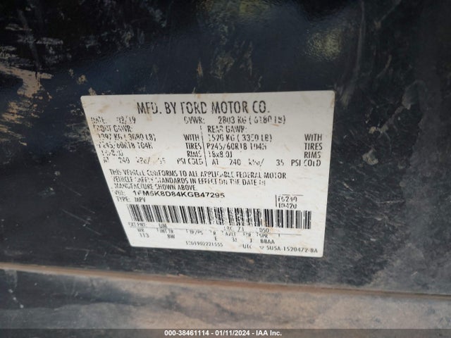 Ford EXPLORER XLT 2019 1FM5K8D84KGB47295 Image 9