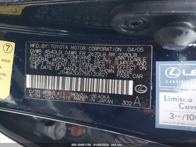 2005 LEXUS ES 330 VIN: JTHBA30G755120827