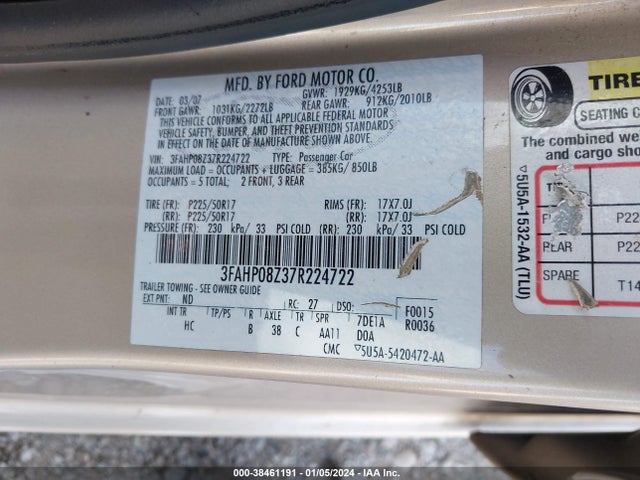 2007 FORD FUSION SEL VIN: 3FAHP08Z37R224722