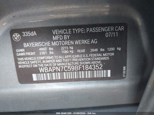 2011 BMW 335D VIN: WBAPN7C59BF184352